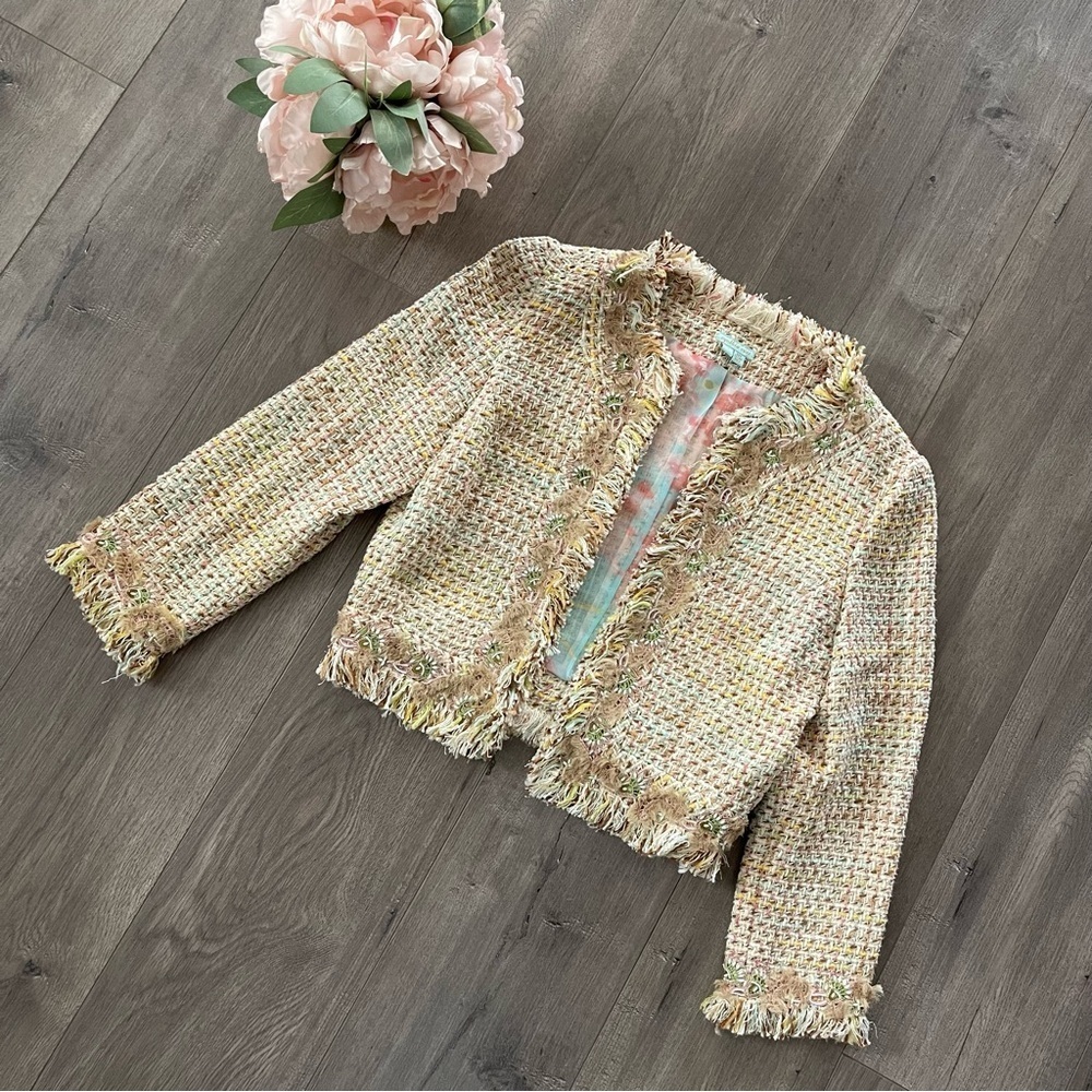 Vintage‎ Cynthia Rose Cream Tweed Colorful Fringe Embroidered Coat